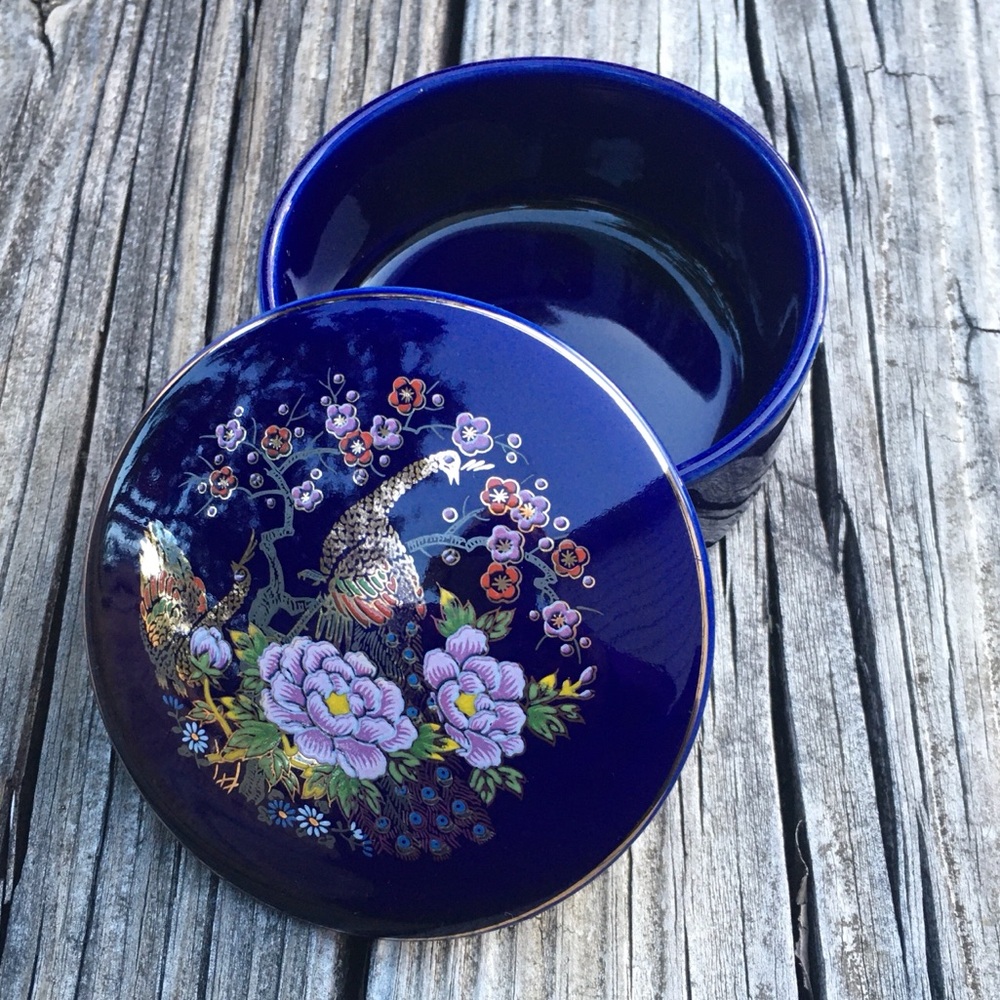 Elegant Cobalt Blue Floral Peacock Trinket Box Dish Vintage